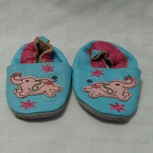 Small vintage blue leather loafers with pink elephants, size 1, 4 inches